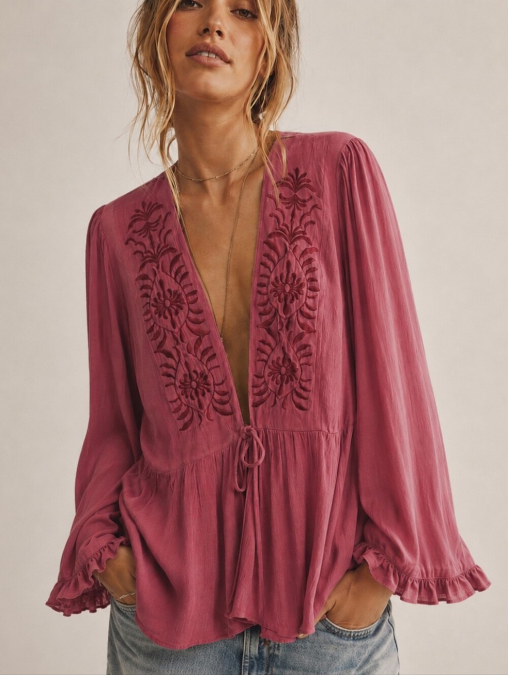 Cato Woman Embroidered Hi-Low Peplum Blouse Plus Size 18/20W Boho Mauve Pink EUC